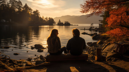 Silhouette of couple sitting on the shore of a lake in autumnの素材
