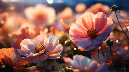 Beautiful cosmos flowers blooming in the garden at sunset time.の素材