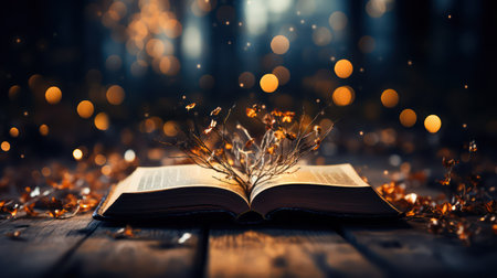 Open book with christmas tree branches and bokeh lights on backgroundの素材