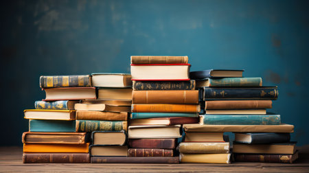 Stack of old books on wooden table. Retro style toned imageの素材