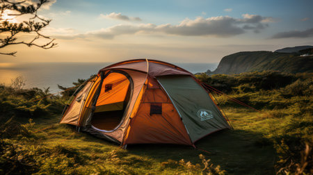 Camping on the coast of the Atlantic Ocean in Scotland, UKの素材