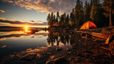 Camping on the shore of a lake at sunset in summer.の素材