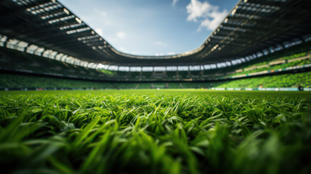 blur image of football stadium with green grass for background usage.の素材