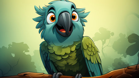 Cute parrot on the branch in the forest background illustration.の素材