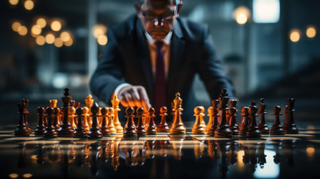 Close up of businessman playing chess on dark background. Business strategy concept.の素材