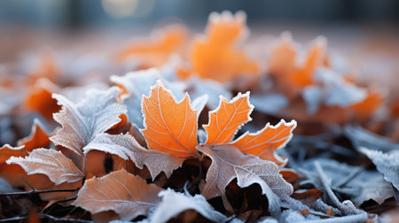 Frosted autumn leaves on the ground, close-up.の素材