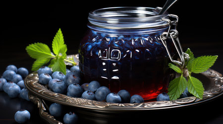 Blueberry jam in a glass jar with fresh berries on a black backgroundの素材