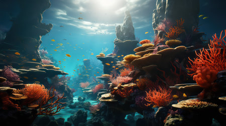 Underwater world with corals and tropical fish. 3d renderingの素材