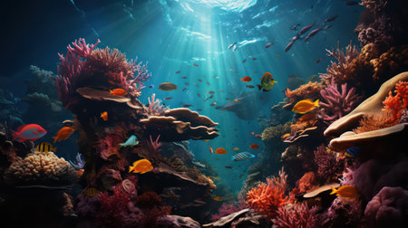 Underwater world with corals and tropical fish. 3d renderの素材