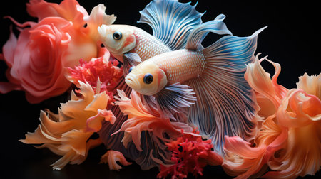 Siamese fighting fish on a black background, close-upの素材