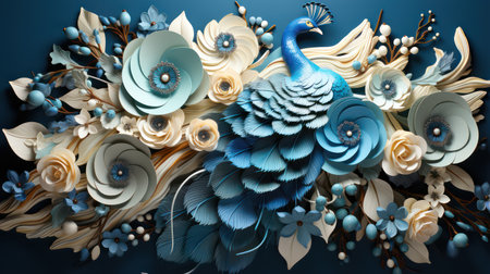 3d illustration of peacock made of paper flowers and leaves on blue backgroundの素材