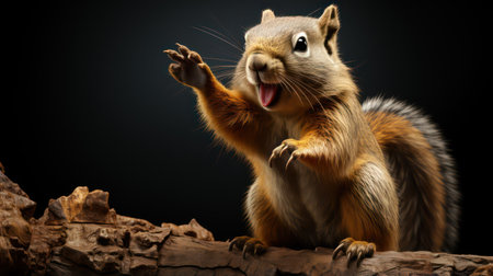 Squirrel on a wooden branch on a black background. Studio shot.の素材