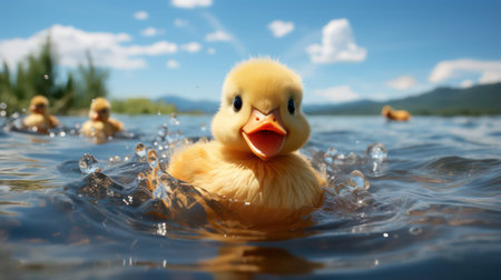 Duckling swimming in the lake with blue sky and clouds backgroundの素材