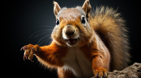Portrait of a cute red squirrel on a black background. Studio shot.の素材