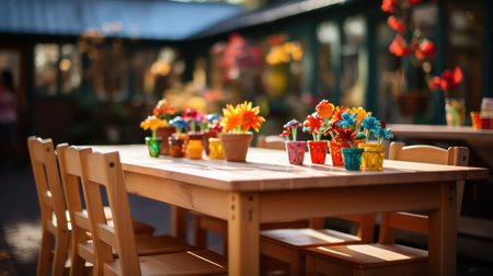 Colorful plastic flowers in vase on wooden table in outdoor cafeの素材