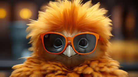 Funny parrot with orange hair and orange sunglasses on a dark backgroundの素材