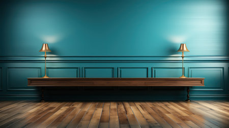 Blue wall with wooden floor and floor lamp. 3D rendering.の素材