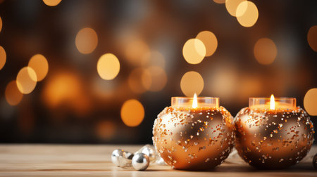 Burning candles with Christmas balls on wooden table against blurred festive lightsの素材