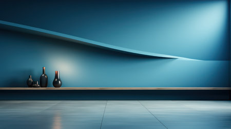 Blue wall with bottles of wine. 3D rendering. Mock up.の素材