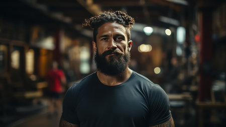 Portrait of a bearded man with tattoos on his arms looking at the camera.の素材