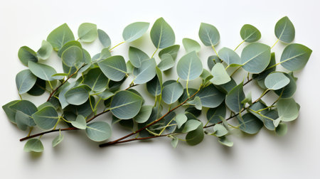Eucalyptus leaves on white background. Flat lay, top view.の素材