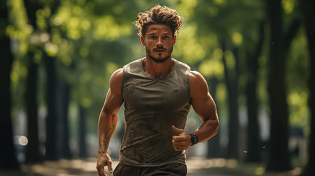 Portrait of a handsome young man running in the park. Sport and fitness.の素材