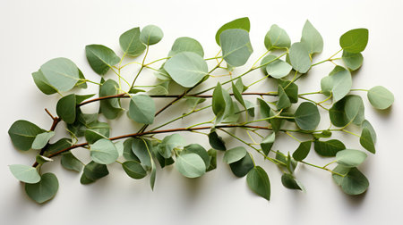 Eucalyptus leaves on white background. Flat lay, top view.の素材