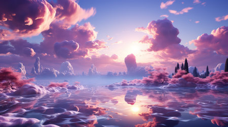 Fantasy landscape with clouds and sun. 3d render illustration.の素材
