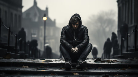 Young man in a dark hoodie sitting on the stairs in the fogの素材