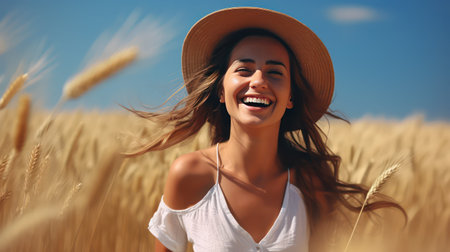 Portrait of beautiful young woman in wheat field on sunny summer dayの素材