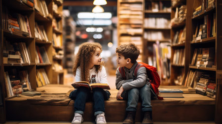 Cute little boy and girl reading a book in the library.の素材