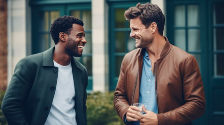 Outdoor portrait of two young men talking and smiling while walking in the cityの素材