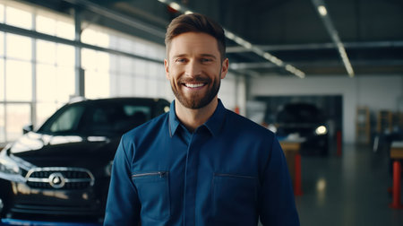Portrait of handsome young man standing in auto repair shop. Handsome man looking at camera and smiling.の素材