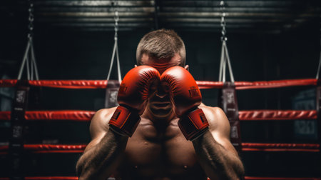 Boxer in red boxing gloves fighting in the ring. Sport and fitness concept.の素材