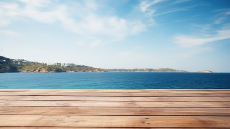 Wooden deck table top on blue sea and blue sky background.の素材