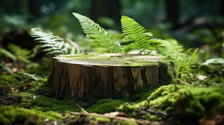 Wooden stump in the forest with green moss and fernsの素材