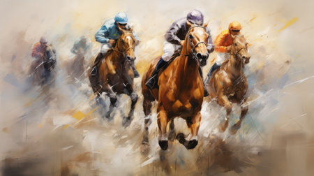 Digital painting of jockeys riding on race horses in a competitionの素材