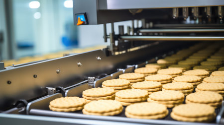 Biscuits on conveyor belt in production line. Food industryの素材