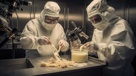Two scientists in hazmat suits preparing food in a chemical laboratory.の素材