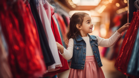 Little girl shopping in a clothing store. Cute little girl choosing new clothes.の素材