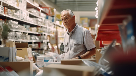 Senior man choosing medicine in drugstore. Selective focus on mature manの素材