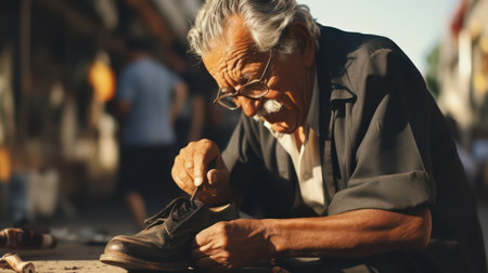 Old man repairing shoes in the street. Selective focus on shoe.の素材