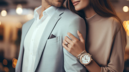 cropped view of man and woman in formal wear holding hands in cafeの素材