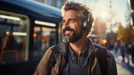 Portrait of a handsome young man listening to music with headphones in the city.の素材