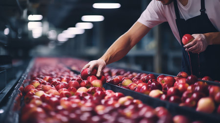 Midsection of female worker carrying red apples on conveyor belt in warehouseの素材