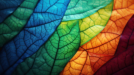 Rainbow leaf background. Close up of multicolor leaves.の素材