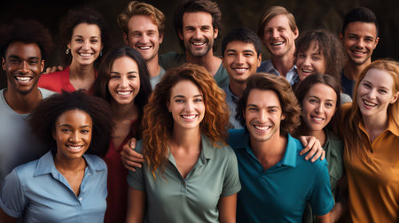 Portrait of a group of smiling young people standing in a rowの素材