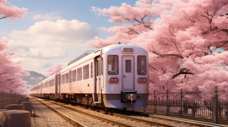 Train and cherry blossoms in full bloom. 3D Renderingの素材