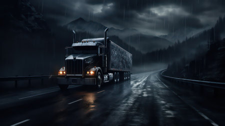 Truck on the road at night with fog and mountains in the backgroundの素材