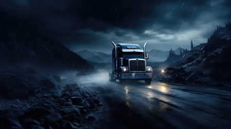Truck on the road at night. Mixed media. Mixed mediaの素材